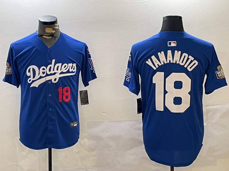 Men Los Angeles Dodgers #18 Yamamoto 2024 World series patch blue jersey 20241120123